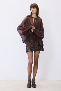 Brown Chiffon Blouse With Drawstring Neck