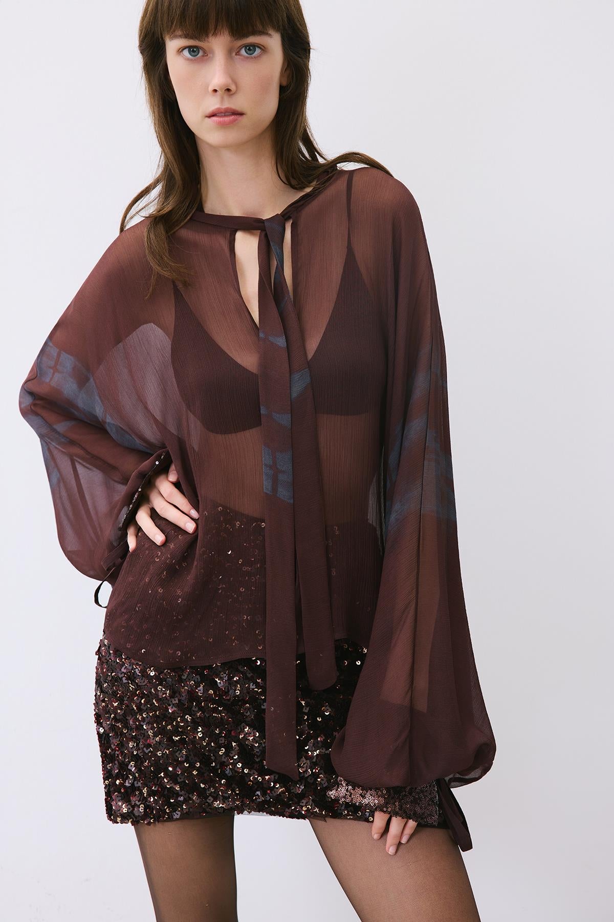 Chiffon Blouse with Drawstring Neck