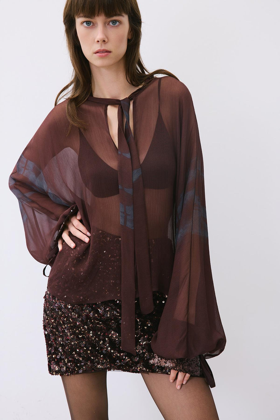 Chiffon Blouse with Drawstring Neck