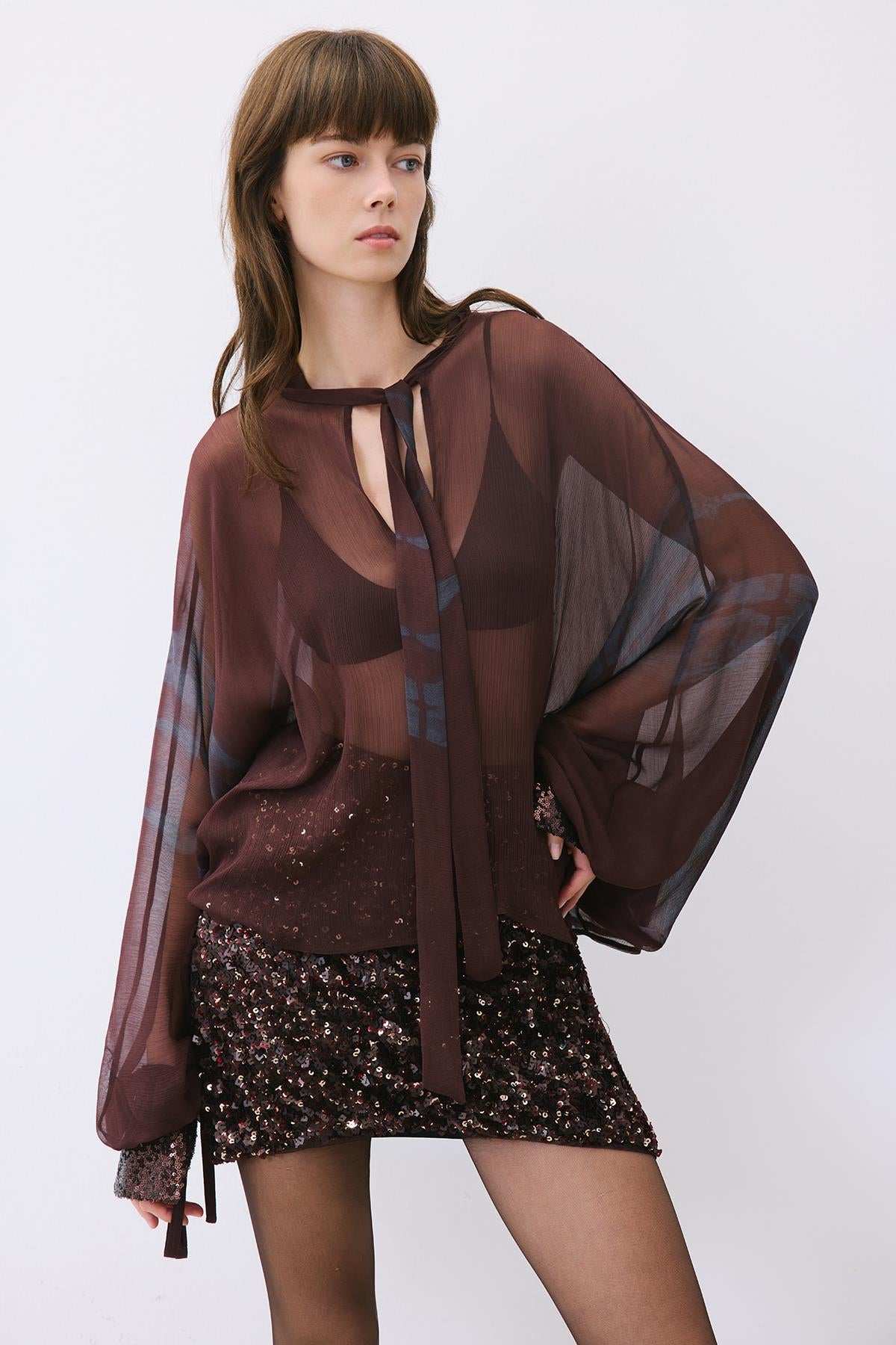 Chiffon Blouse with Drawstring Neck