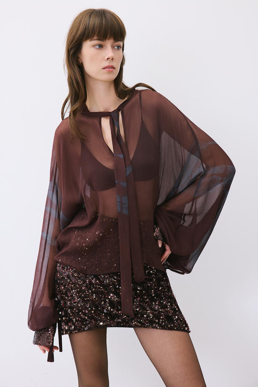 Chiffon Blouse with Drawstring Neck