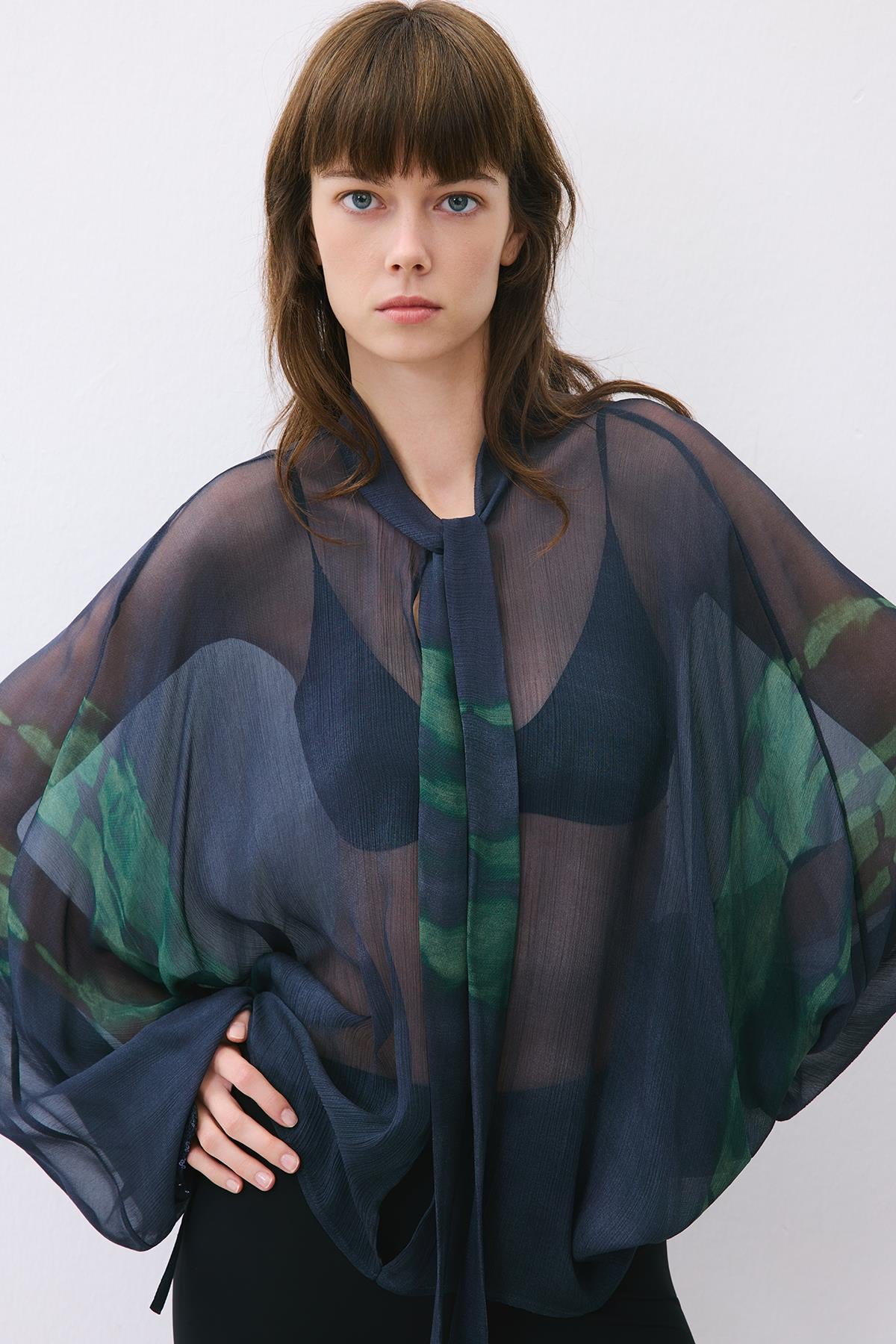 Chiffon Blouse with Drawstring Neck