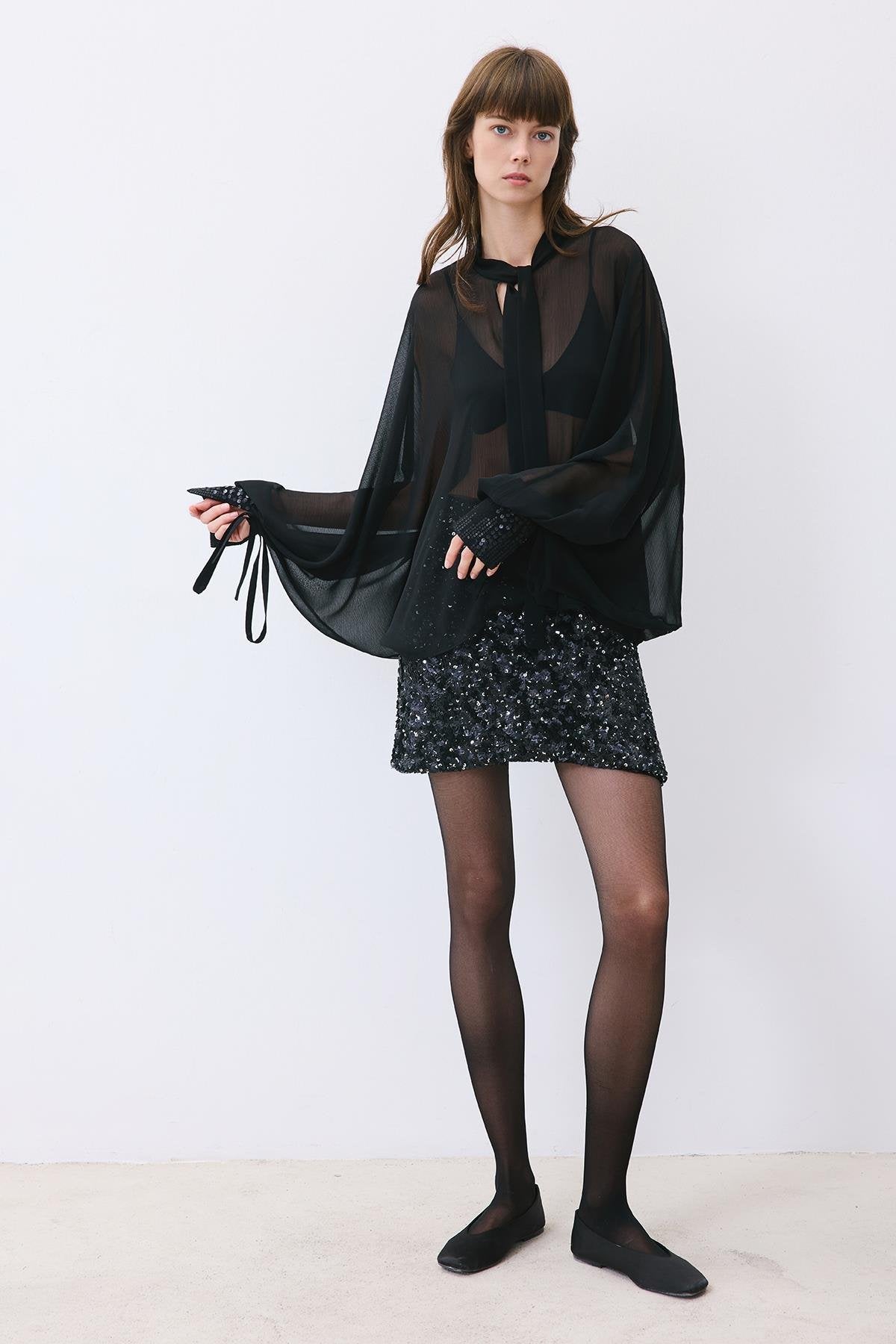 Chiffon Blouse with Sequin Cuff Detail
