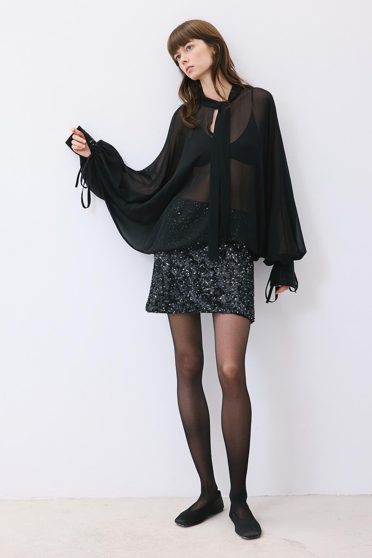 Chiffon Blouse with Sequin Cuff Detail