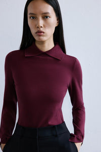 Clared Red Collared Basic Burgundy Knit Blouse