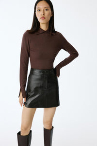 Brown Collared Basic Burgundy Knit Blouse