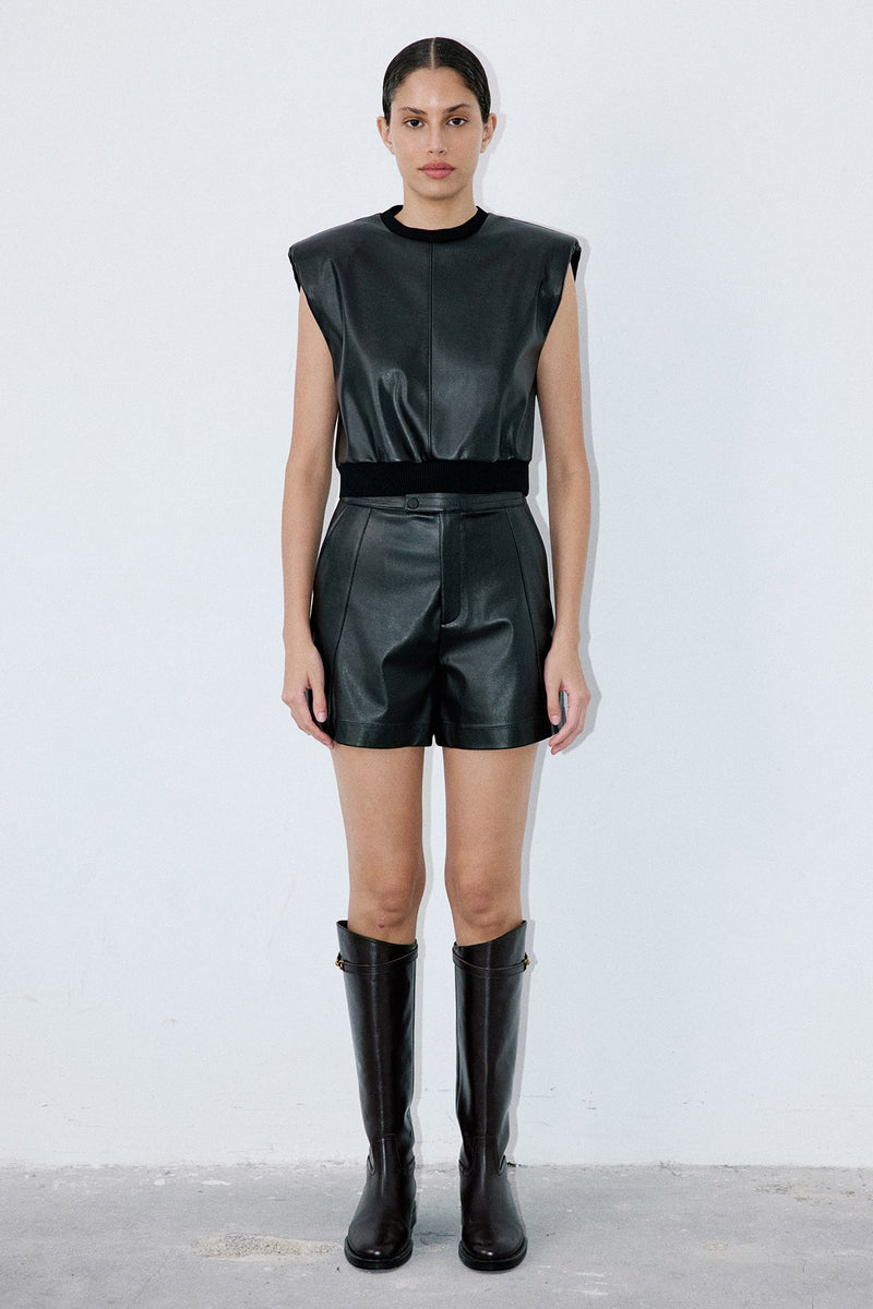 Crew Neck Faux Leather Sleeveless  Blouse