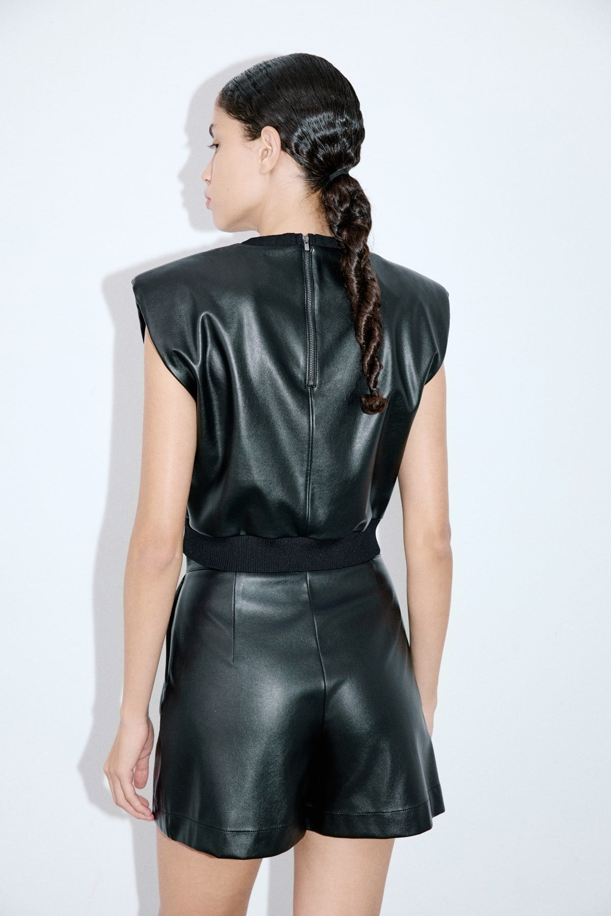 Crew Neck Faux Leather Sleeveless  Blouse