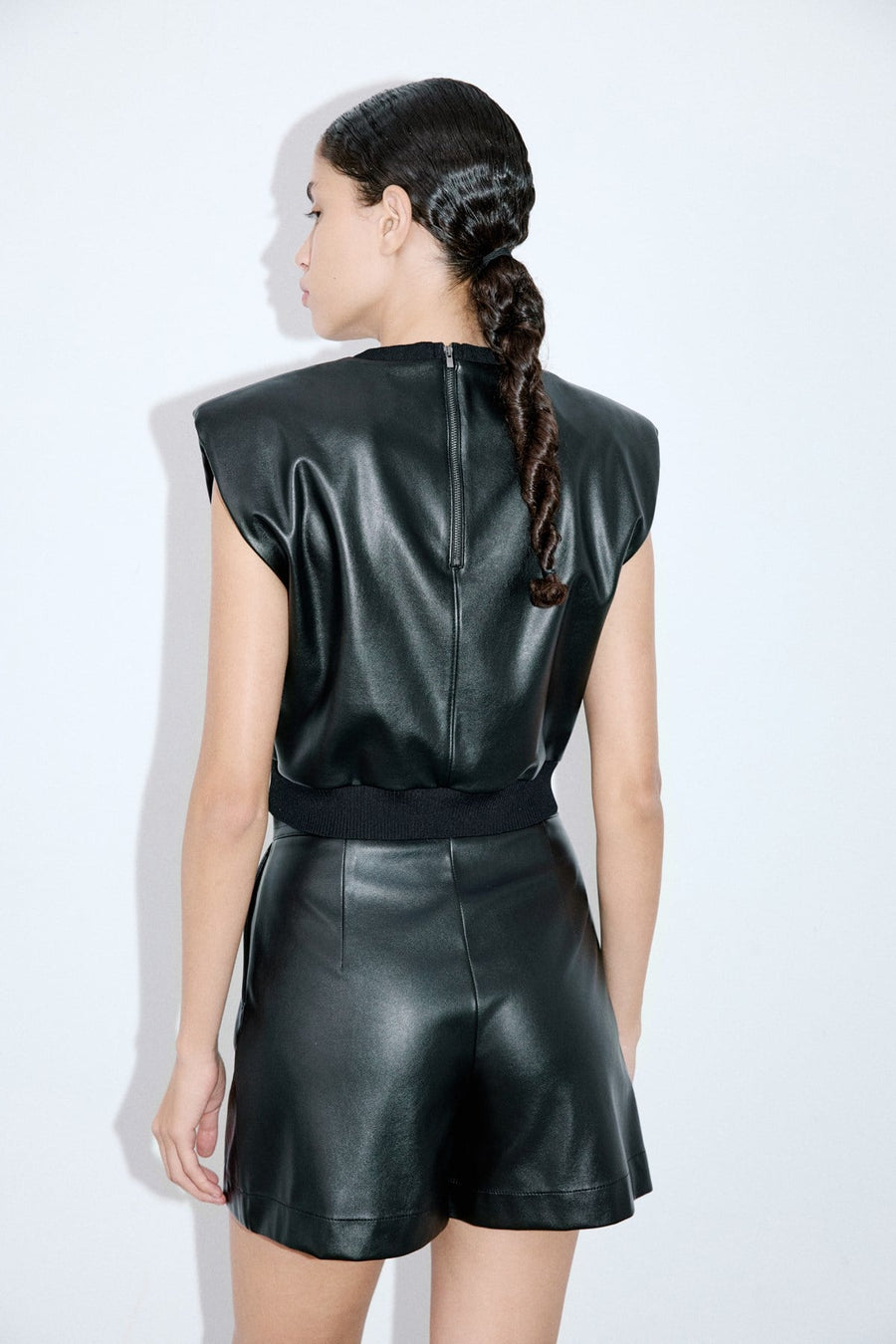 Crew Neck Faux Leather Sleeveless  Blouse
