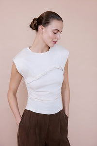 Beige Crew Neck Padded Knit  T-Shirt