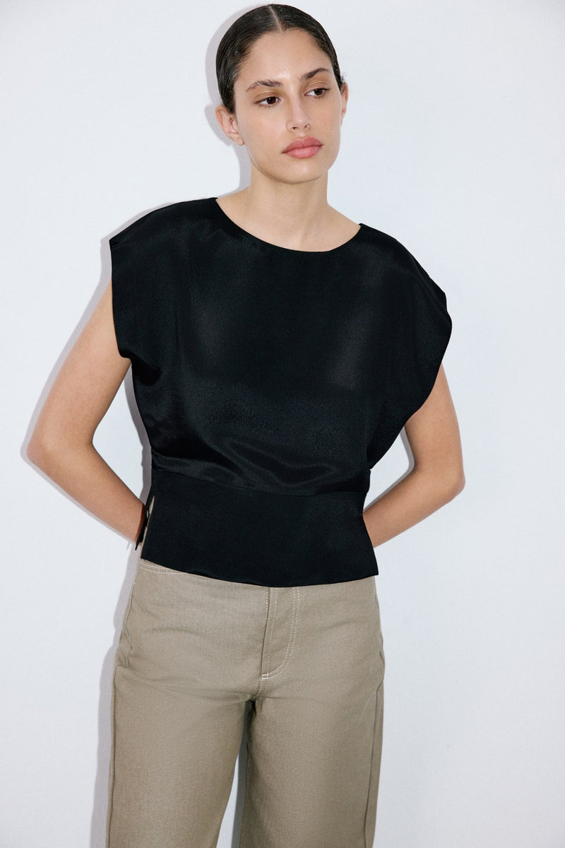 Crew Neck Satin Side Slit  Blouse