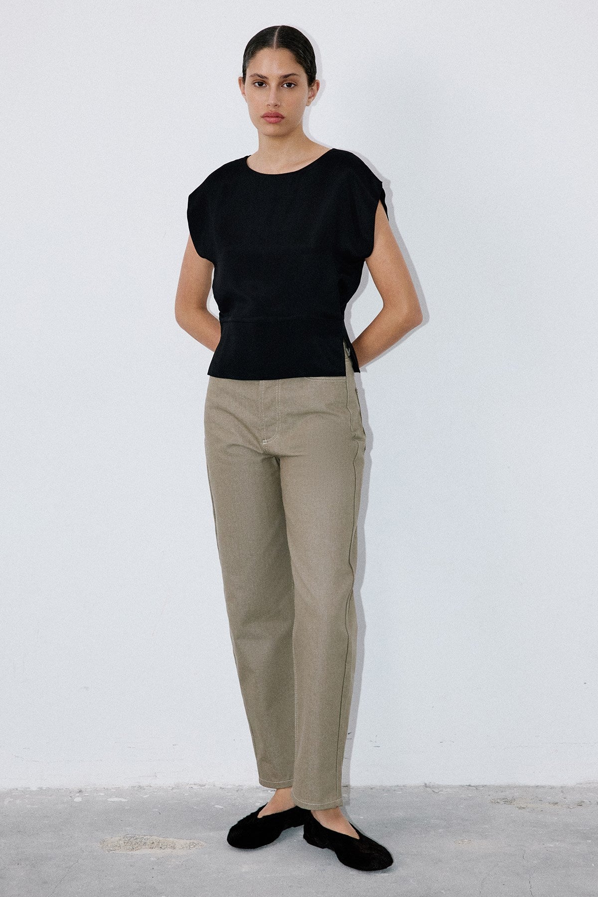 Crew Neck Satin Side Slit  Blouse