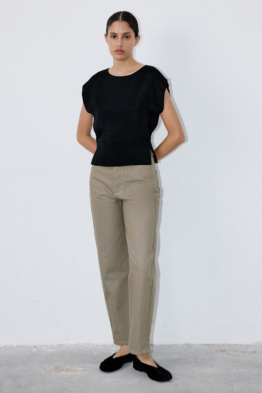 Crew Neck Satin Side Slit  Blouse