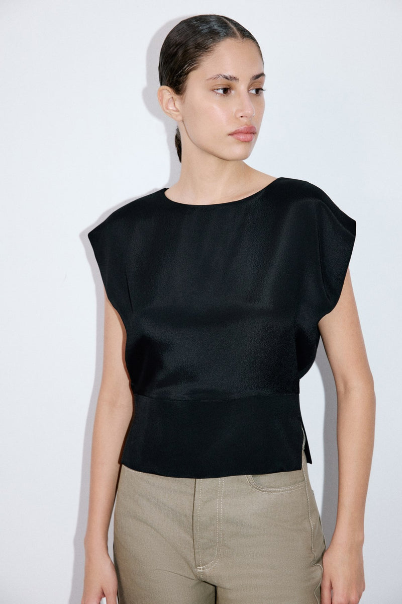 Crew Neck Satin Side Slit  Blouse