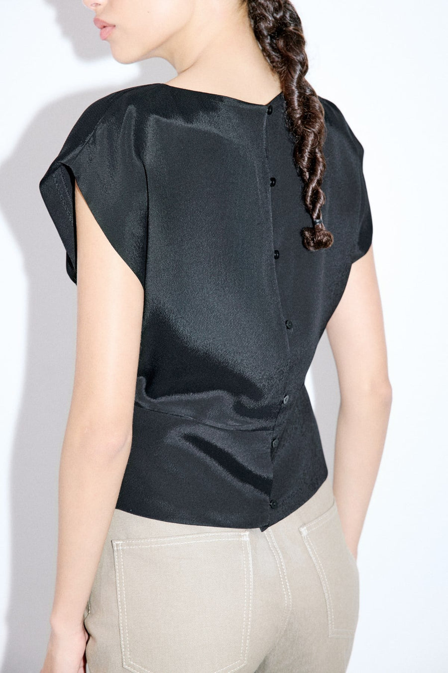 Crew Neck Satin Side Slit  Blouse