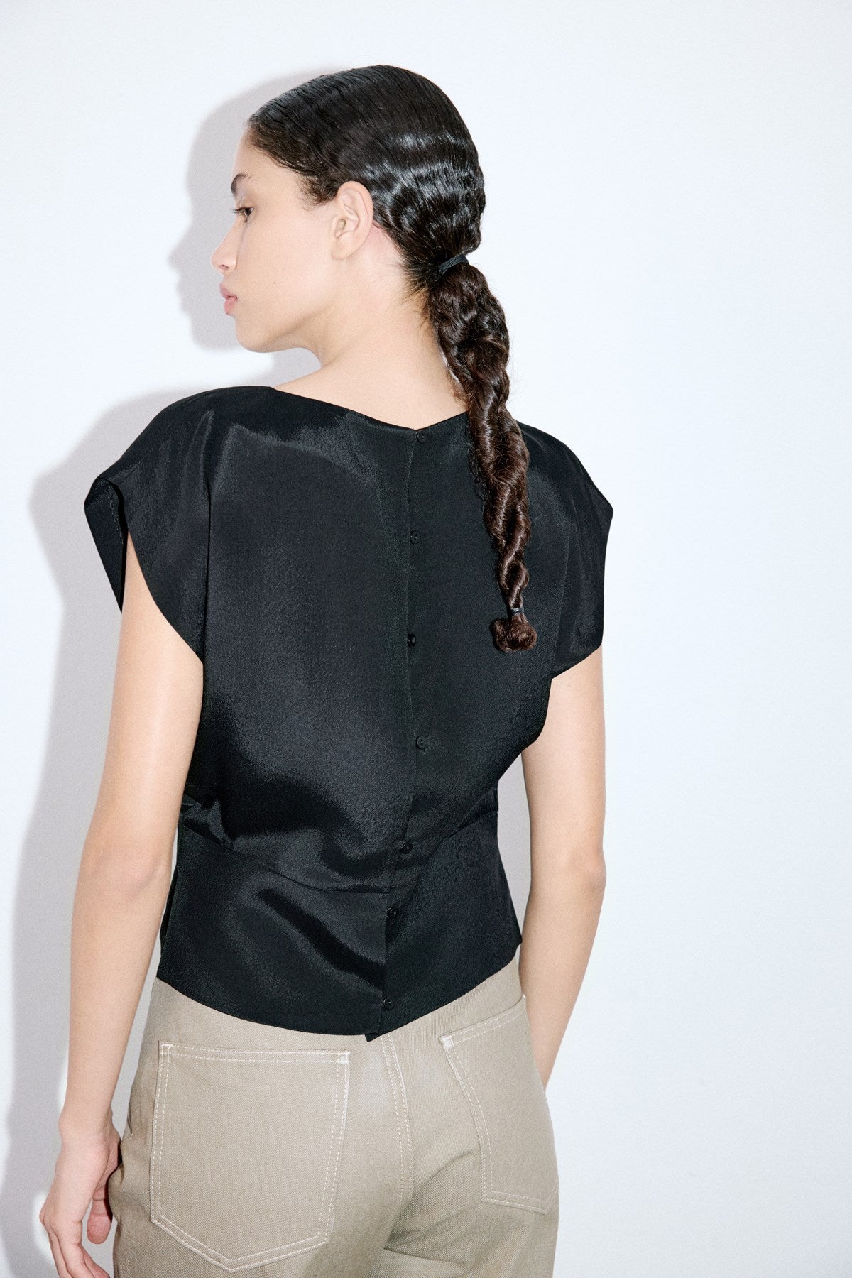 Crew Neck Satin Side Slit  Blouse
