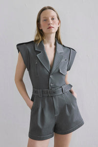 Denim Contrast Belted Grey Jumpsuit