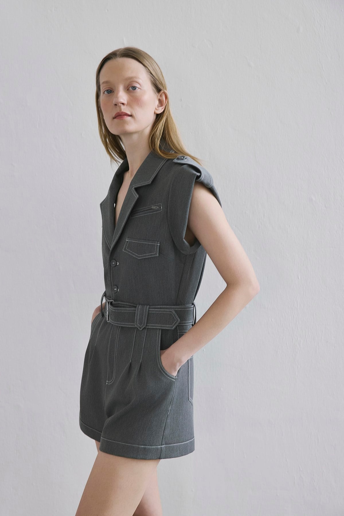 Denim Contrast Belted  Jumpsuit