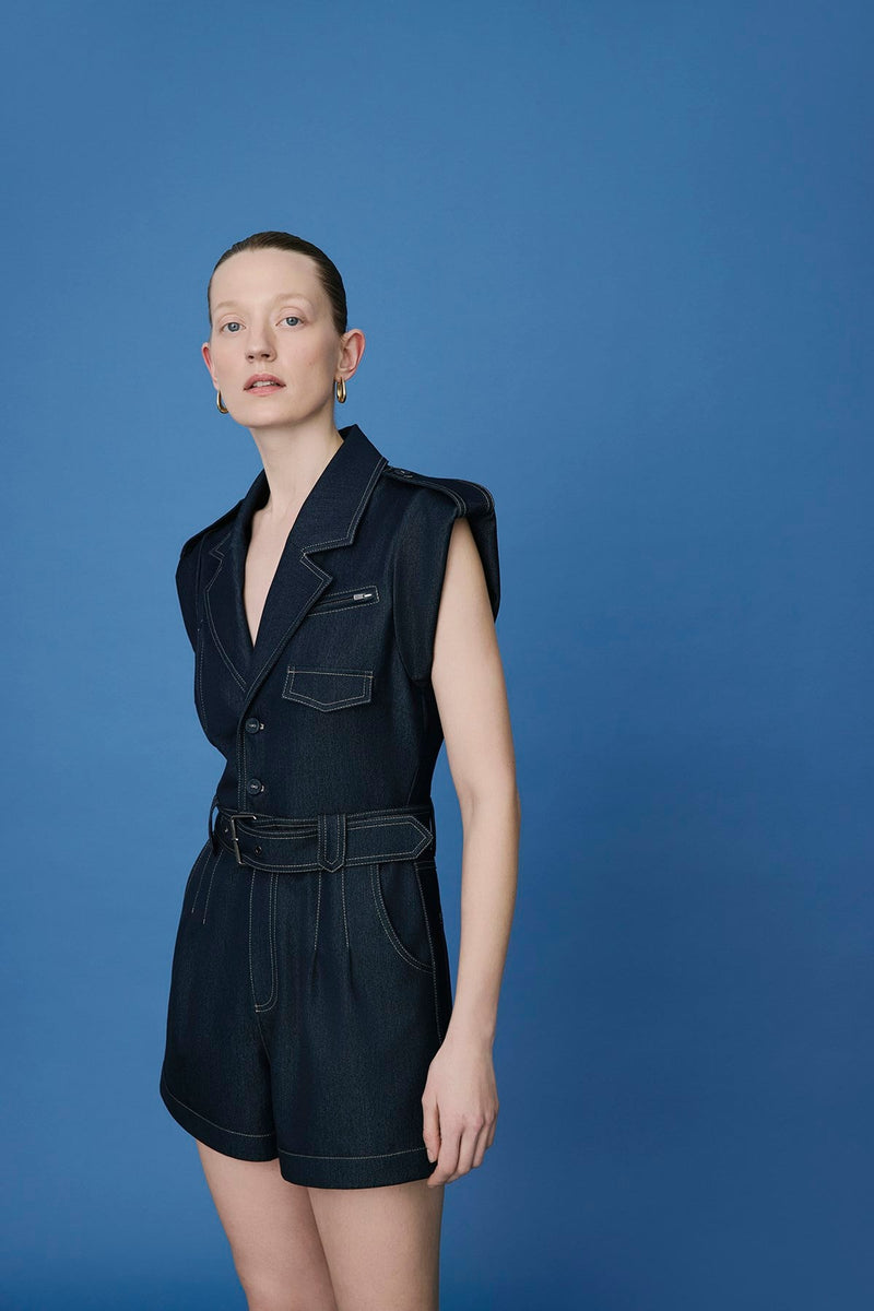 Denim Contrast Belted  Jumpsuit