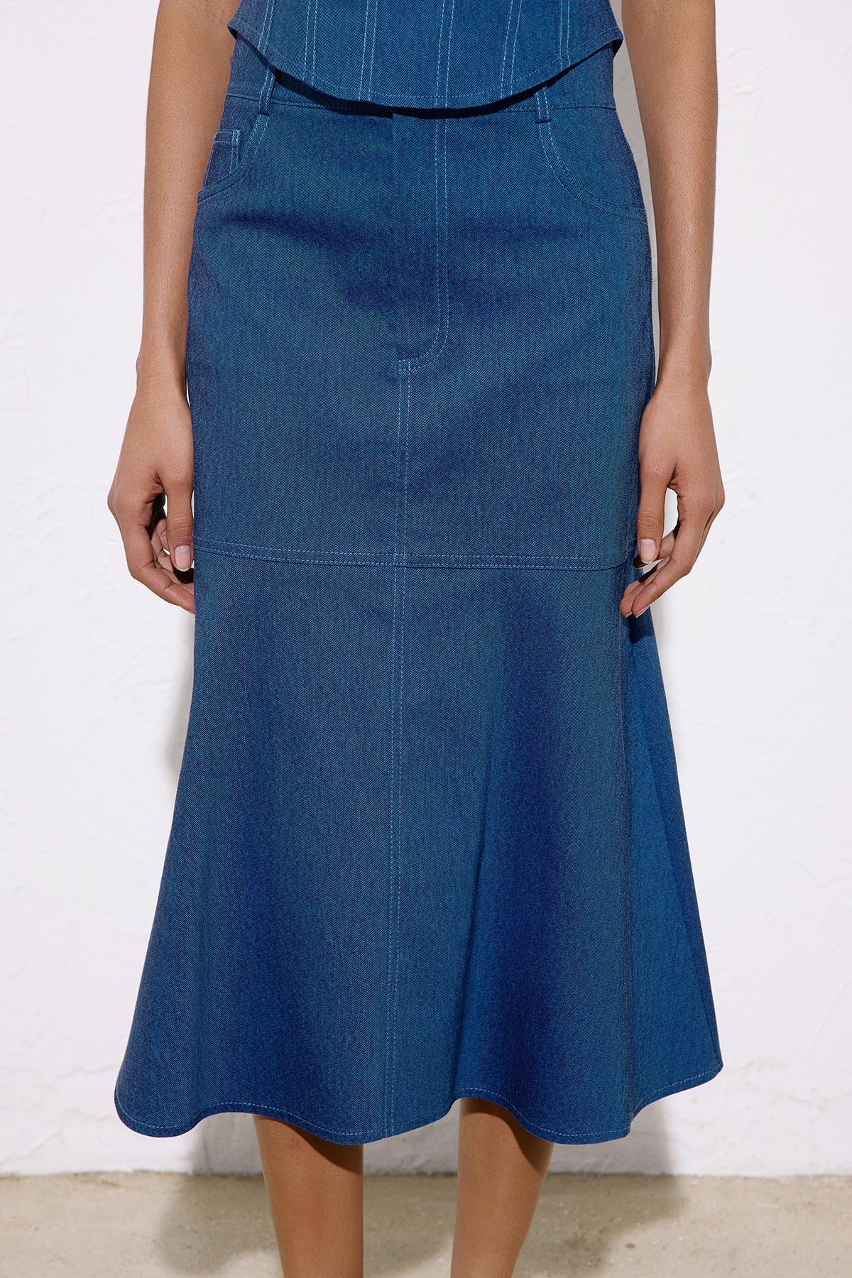 Denim Textured Midi Coral Skirt