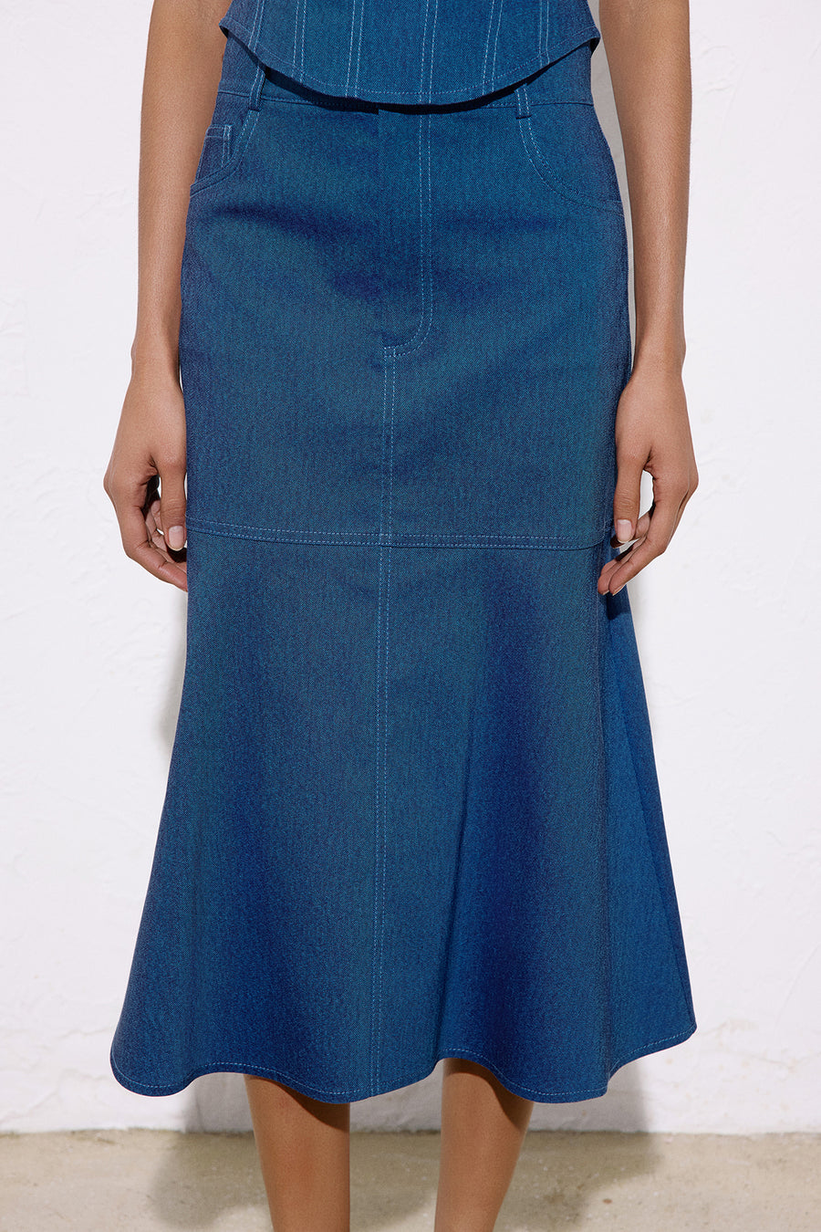 Denim Textured Midi Coral Skirt