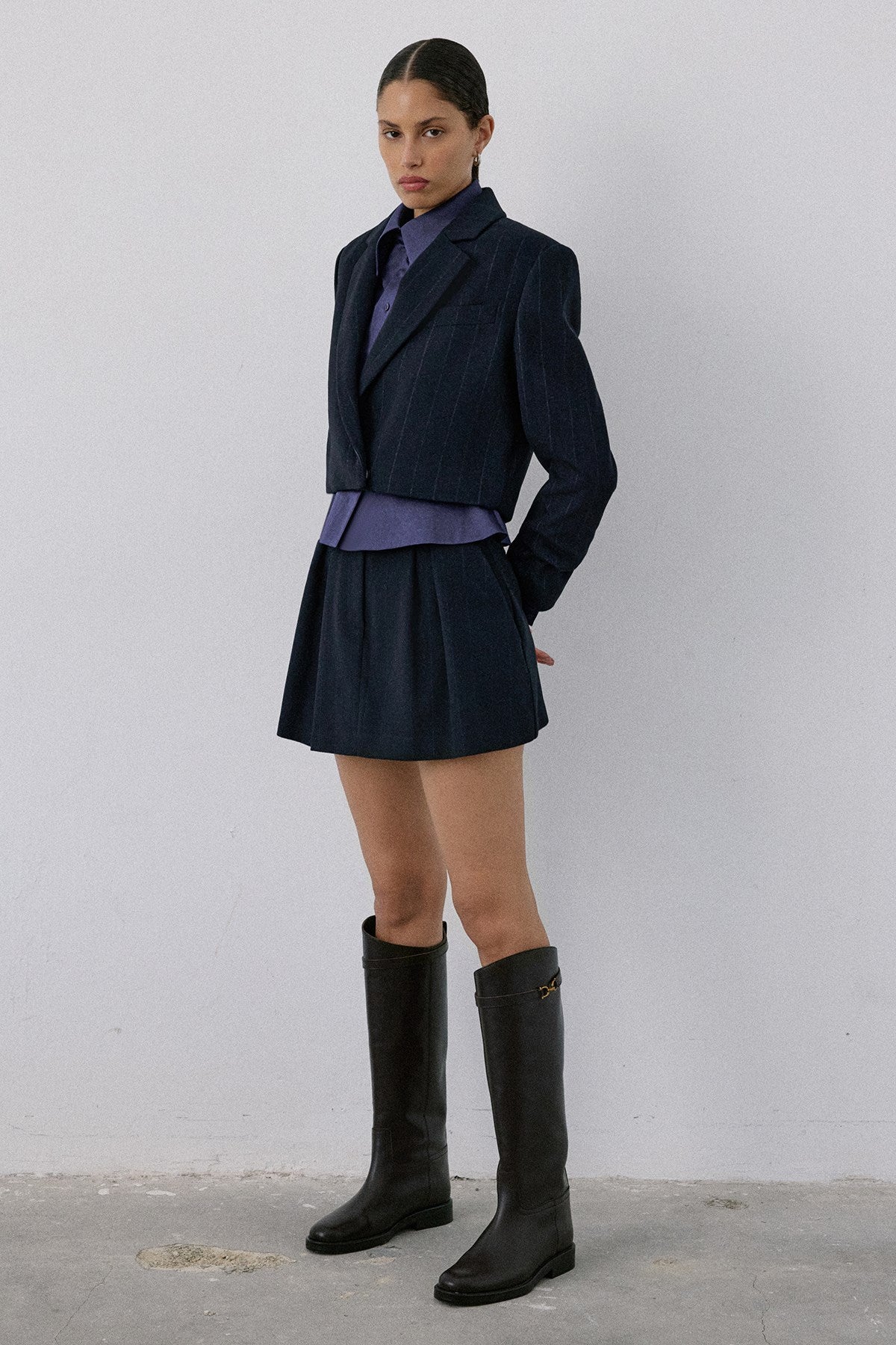 Double Breasted Lined Striped Short  Blazer