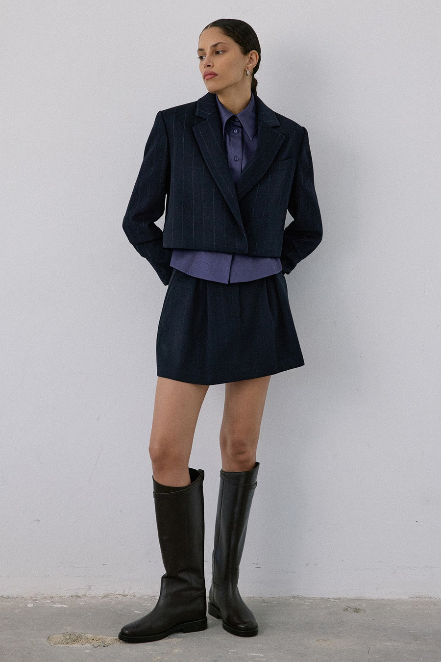 Double Breasted Lined Striped Short  Blazer