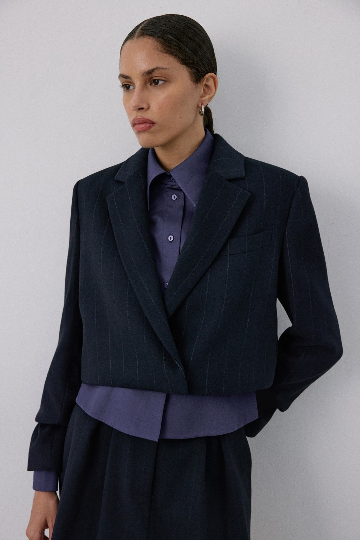 Double Breasted Lined Striped Short  Blazer