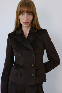 Brown Double Breasted Lined Velvet  Blazer