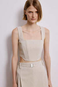 Ecru Striped Crop Bustier With Boning