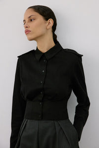 Black Epaulette Long Sleeve Crop  Shirt