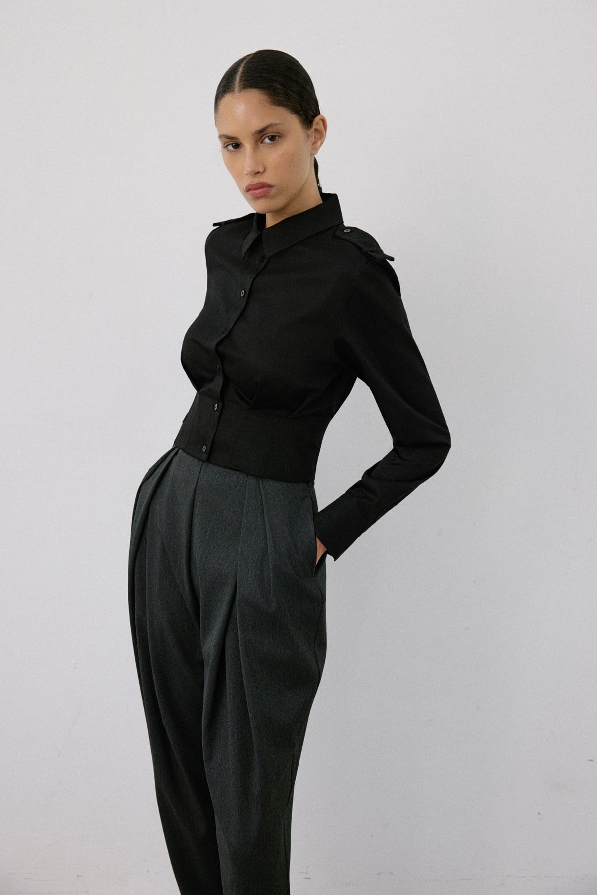 Epaulette Long Sleeve Crop  Shirt
