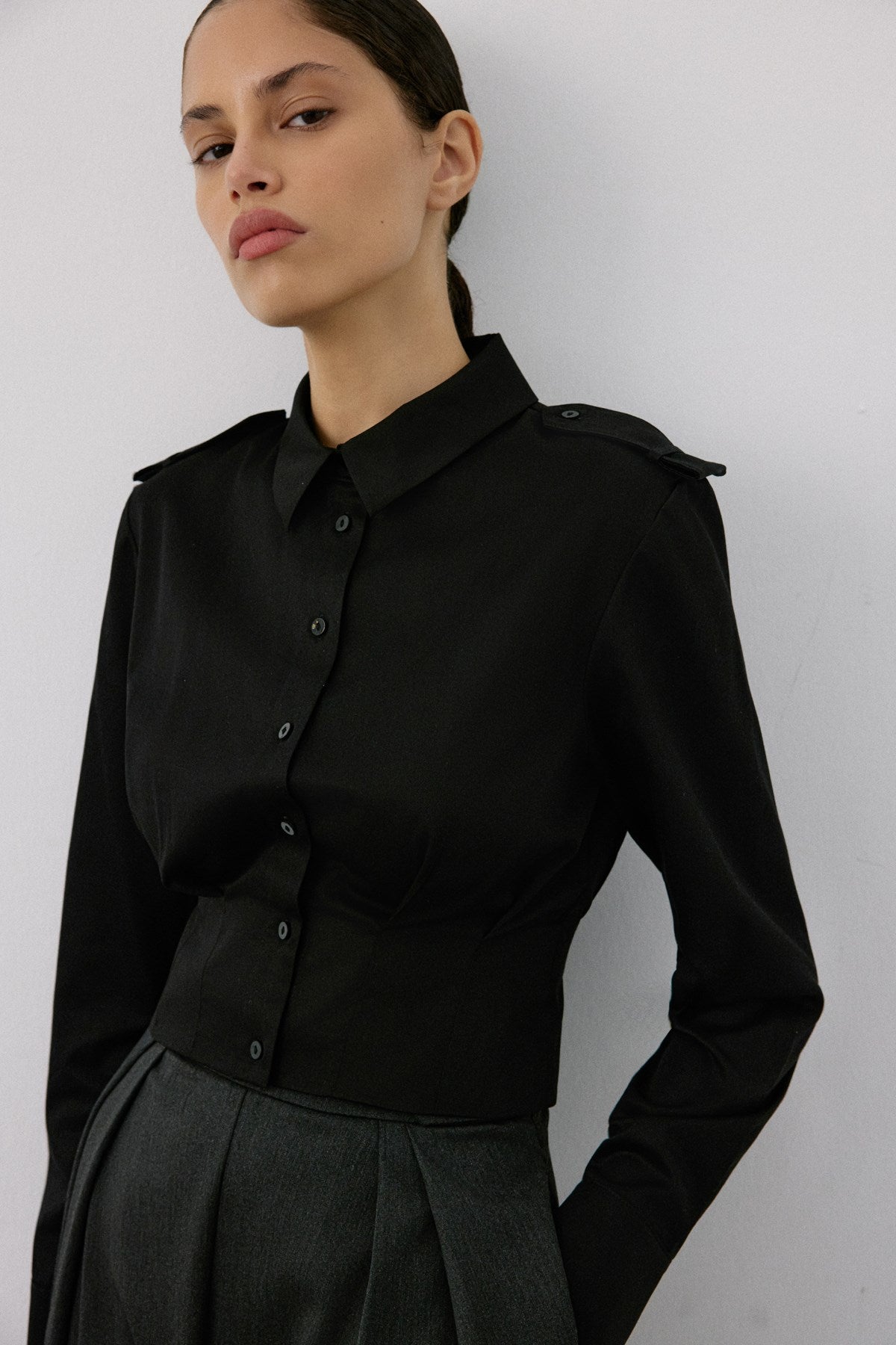 Epaulette Long Sleeve Crop  Shirt