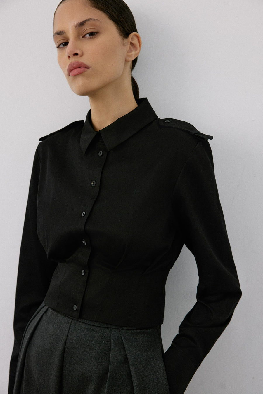 Epaulette Long Sleeve Crop  Shirt