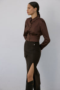 Brown Epaulette Long Sleeve Crop  Shirt