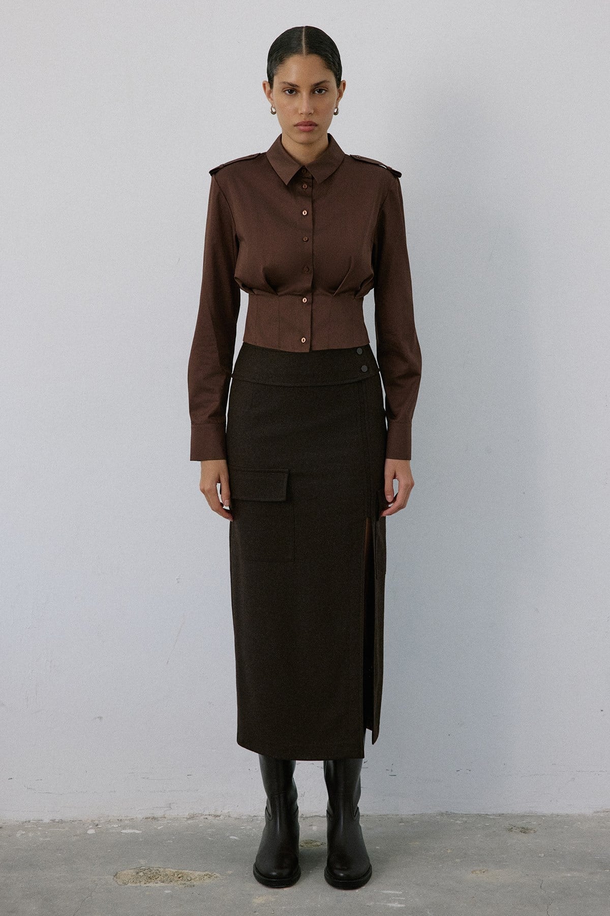 Epaulette Long Sleeve Crop  Shirt