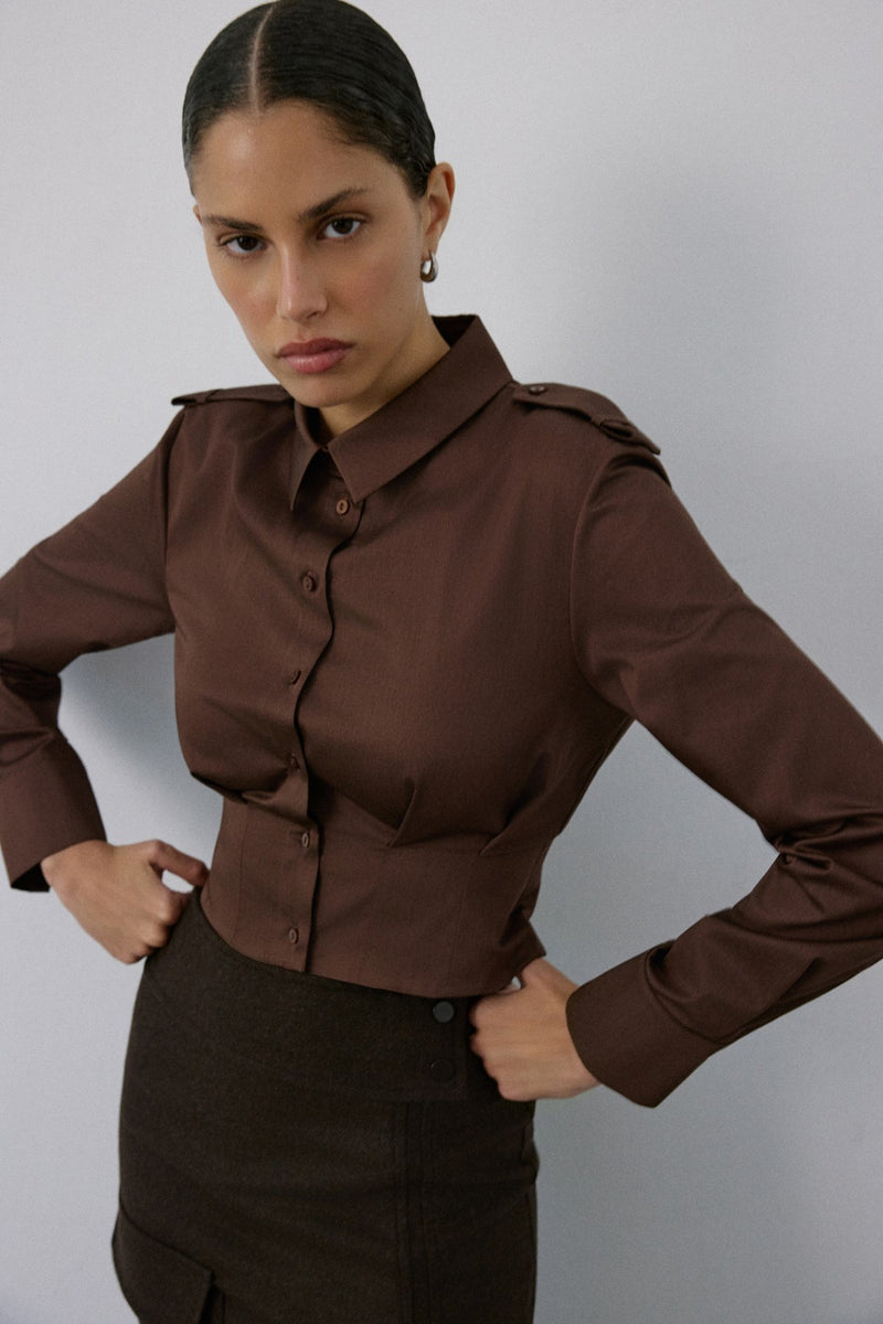 Epaulette Long Sleeve Crop  Shirt