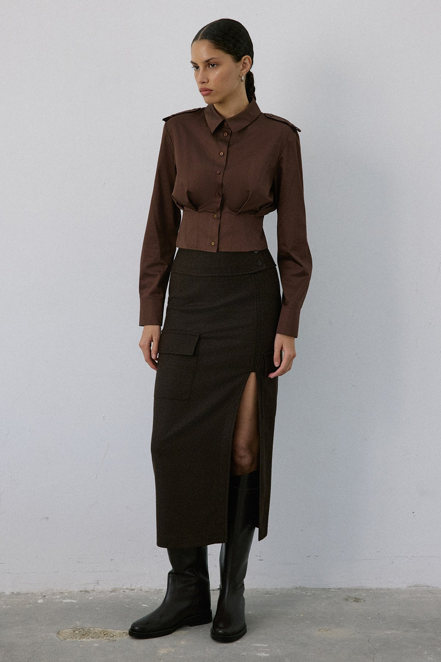 Epaulette Long Sleeve Crop  Shirt