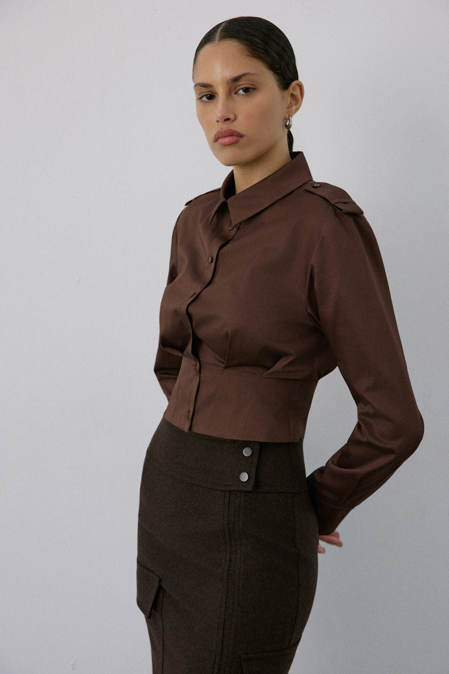 Epaulette Long Sleeve Crop  Shirt