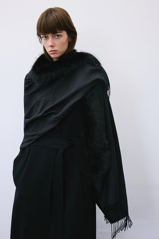 Faux Fur Detailed Fringed  Shawl