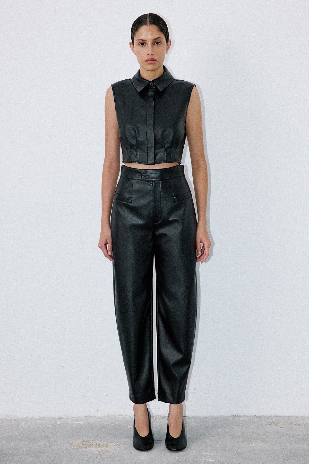 Faux Leather Sleeveless Crop  Shirt