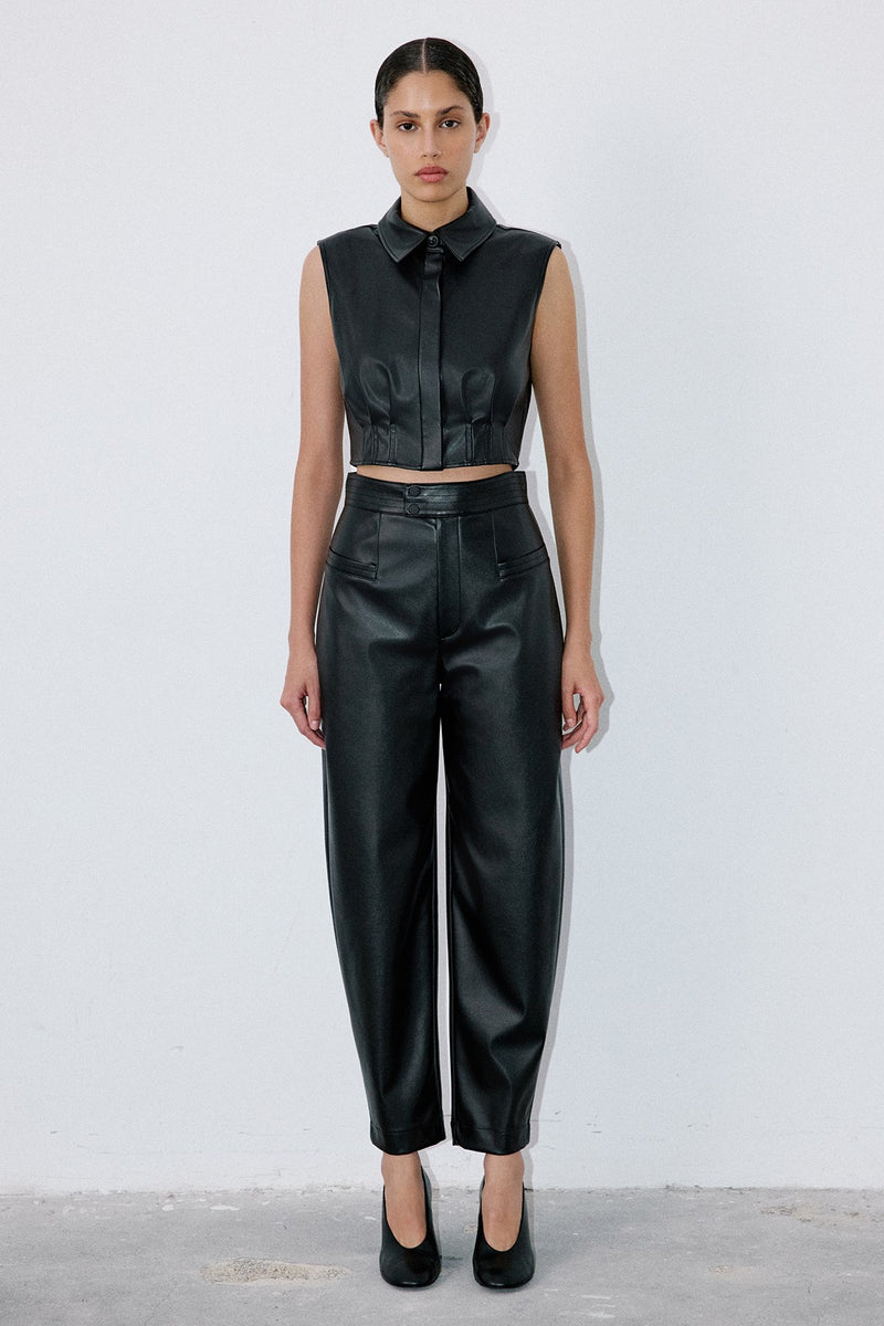 Faux Leather Sleeveless Crop  Shirt