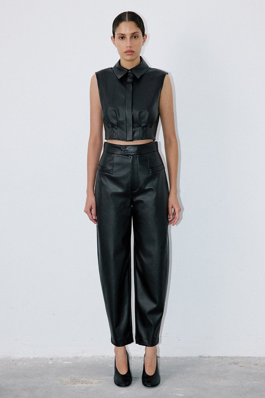 Faux Leather Sleeveless Crop  Shirt