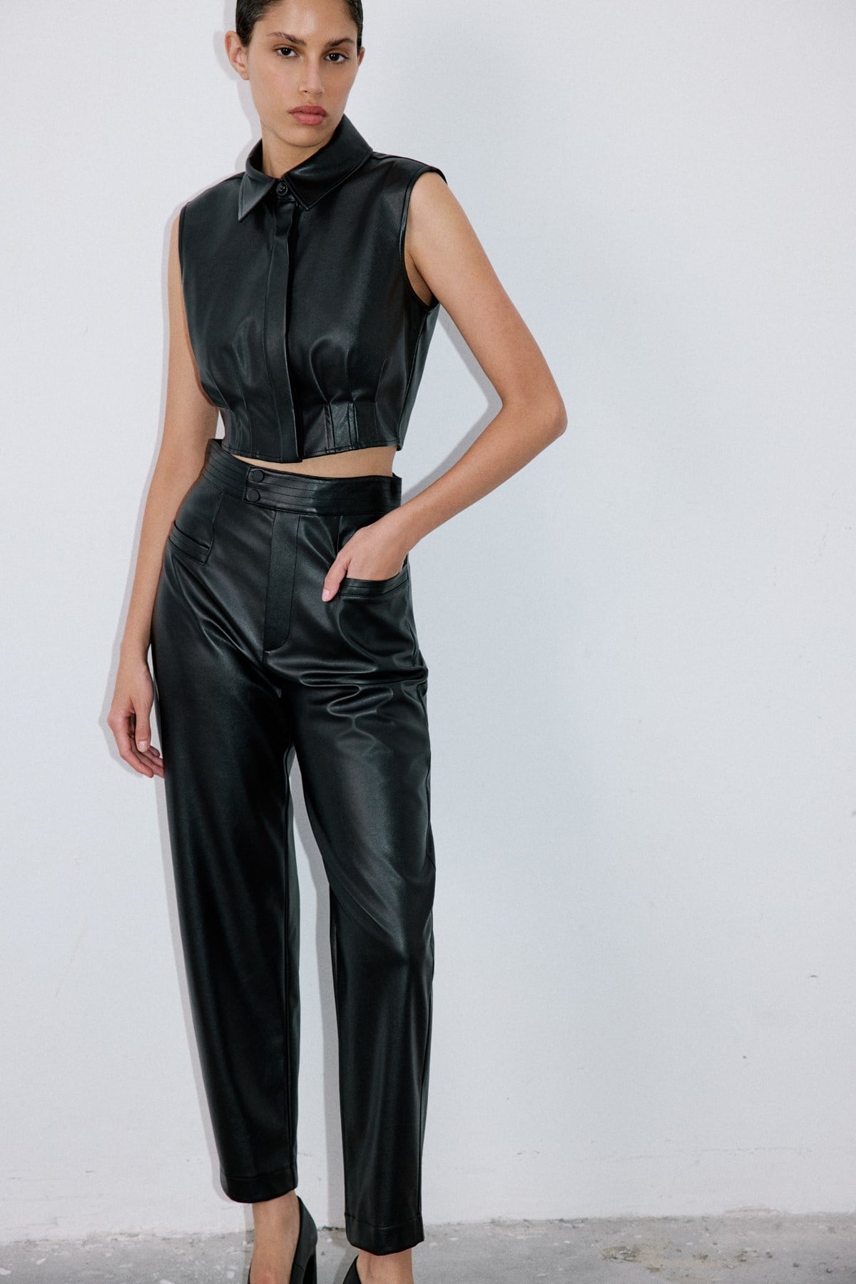Faux Leather Sleeveless Crop  Shirt