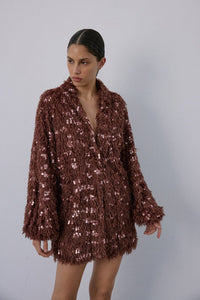 Brown Feather Textured Sequin Embellished  Cardigan