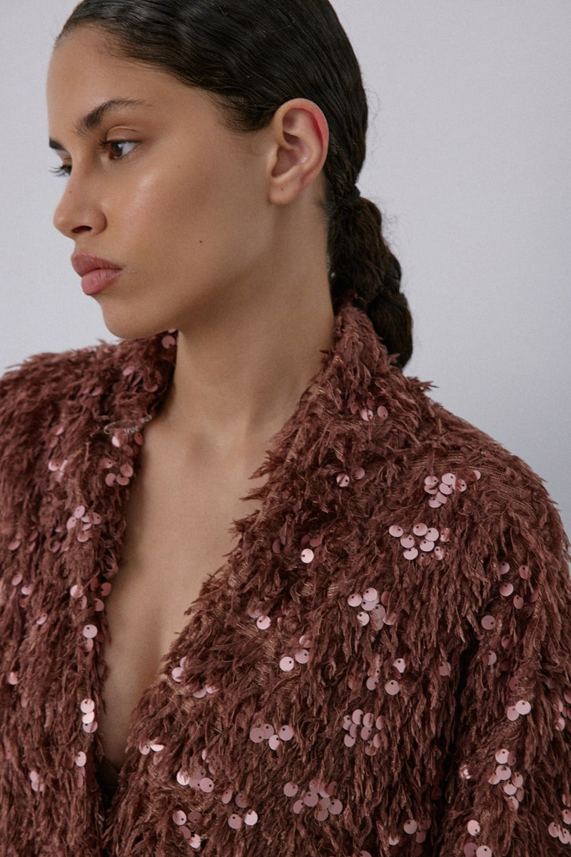 Feather Textured Sequin Embellished  Cardigan