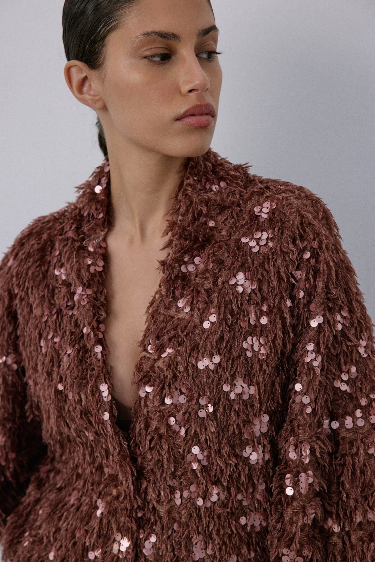 Feather Textured Sequin Embellished  Cardigan
