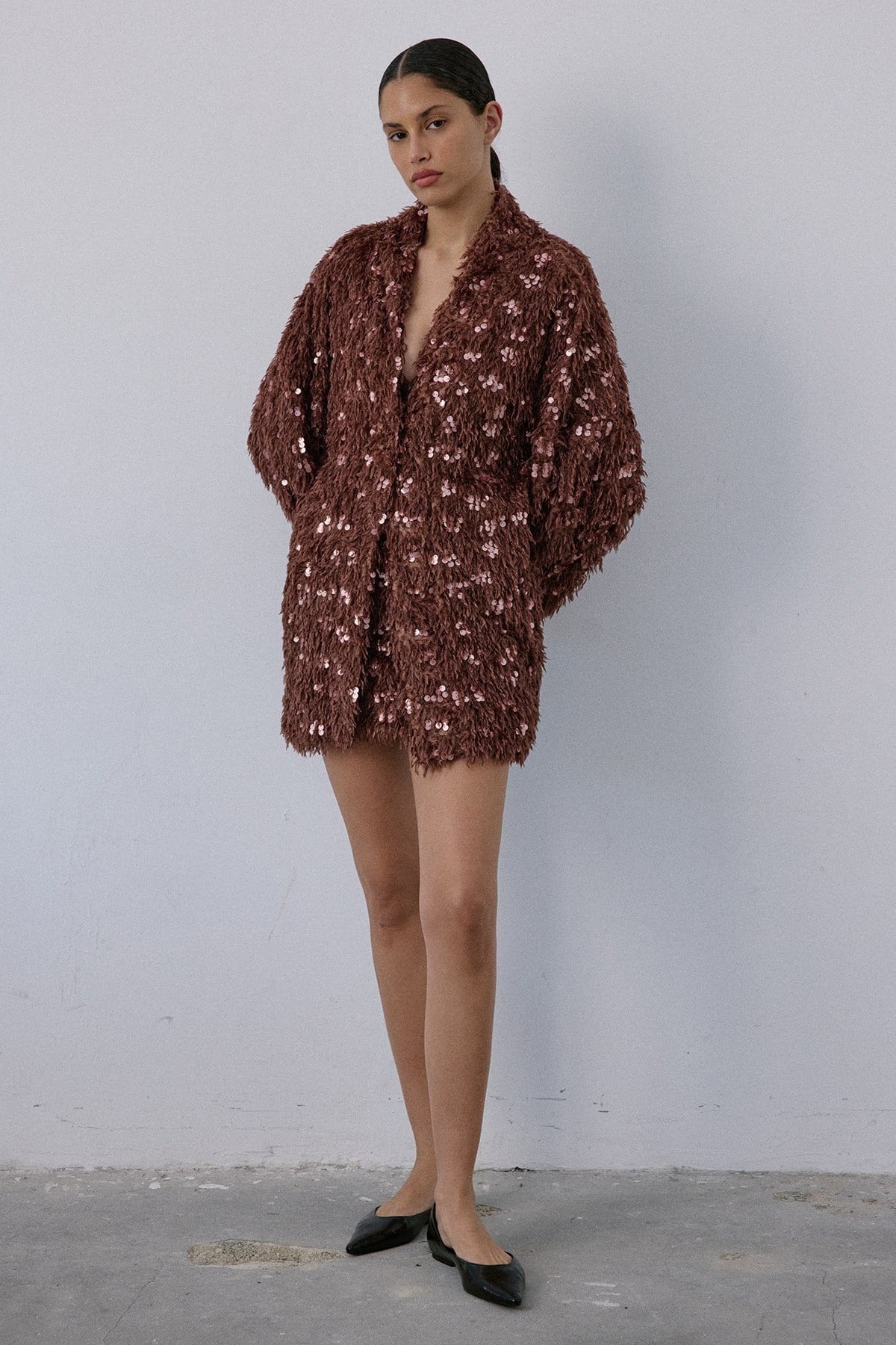 Feather Textured Sequin Embellished  Cardigan