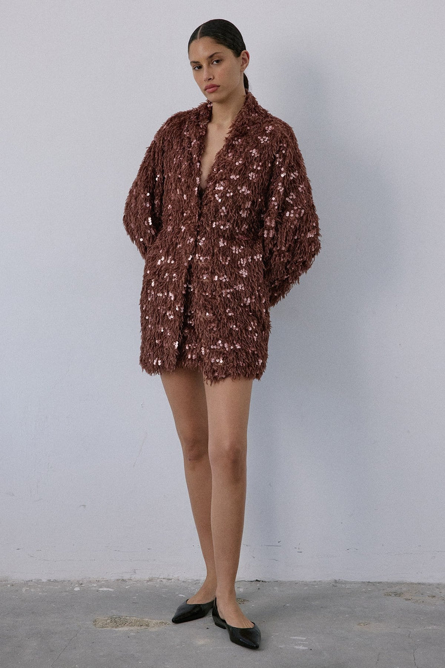 Feather Textured Sequin Embellished  Cardigan
