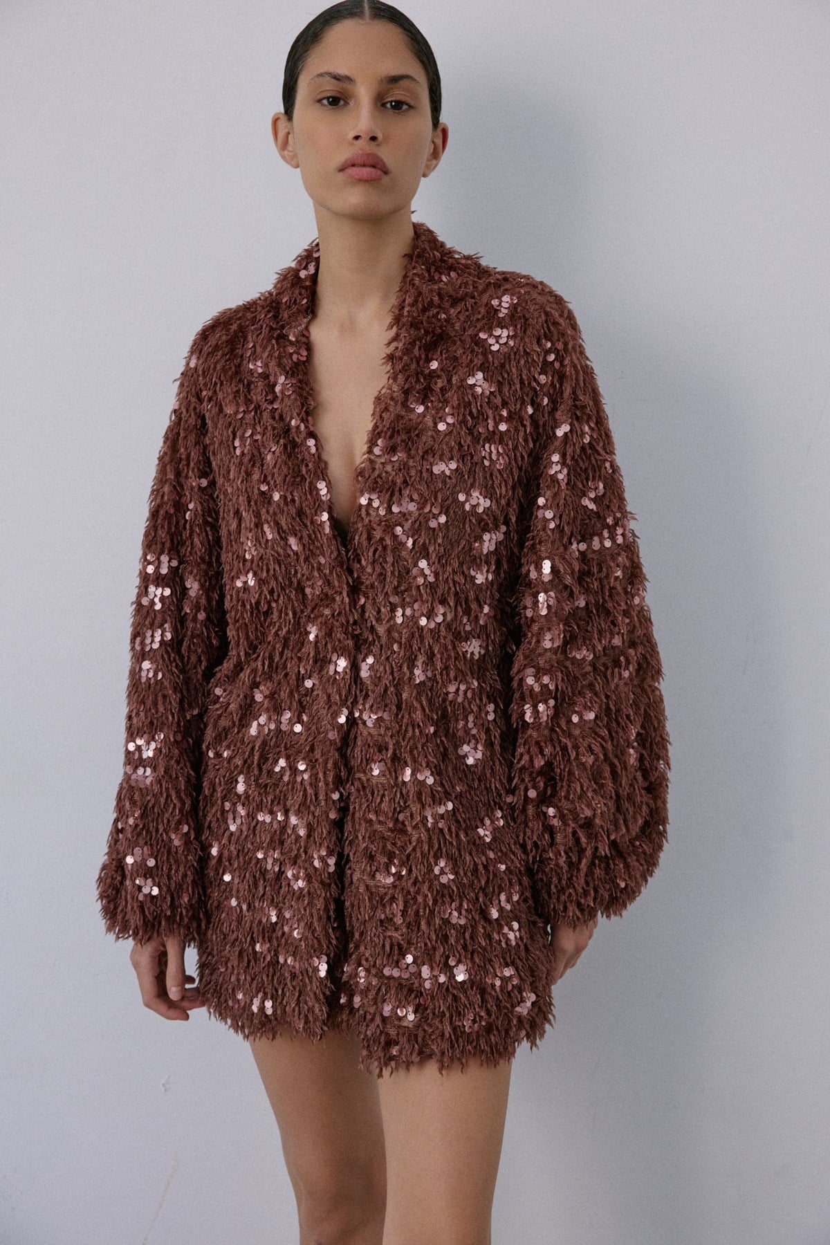 Feather Textured Sequin Embellished  Cardigan